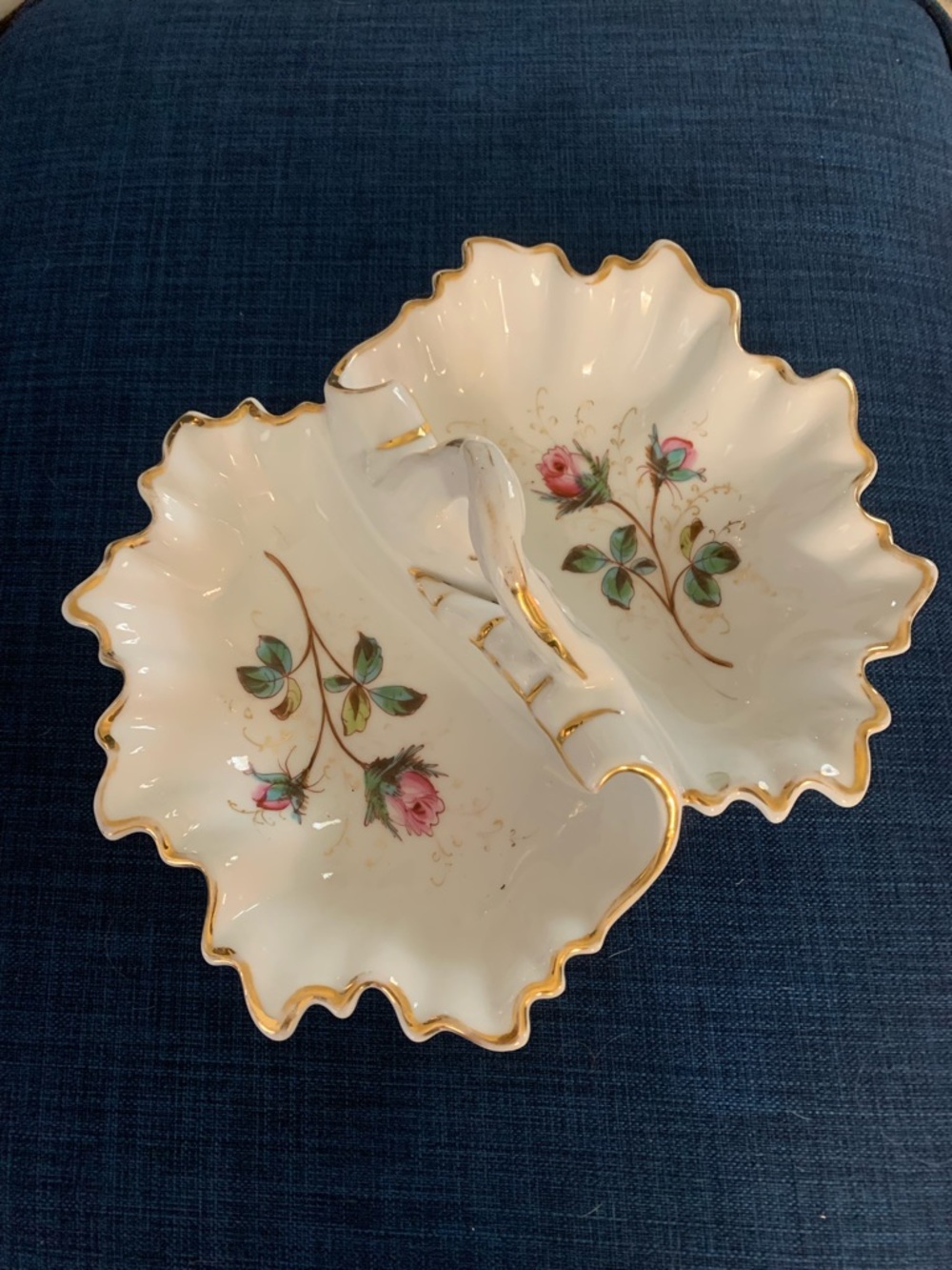 White and Gold vintage Porcelain Double Serving Dish with Floral Accent